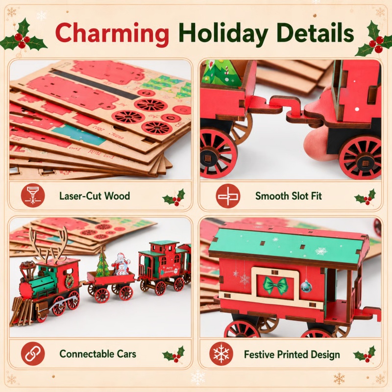 Nieuwe houten kersttreinset, d - Vintage Collectible Christmas Ornaments recensie en prijs